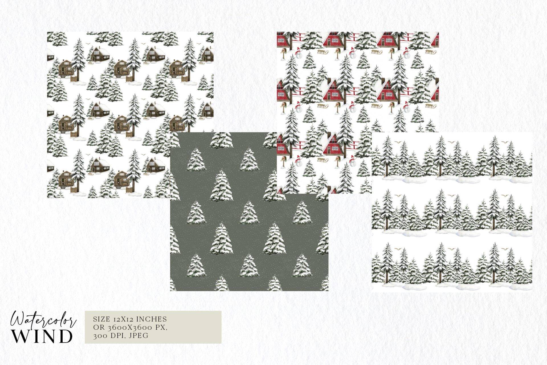 Christmas Forest Cabin Clip Art with Snow Covered Fir Trees 6 winter digital paper