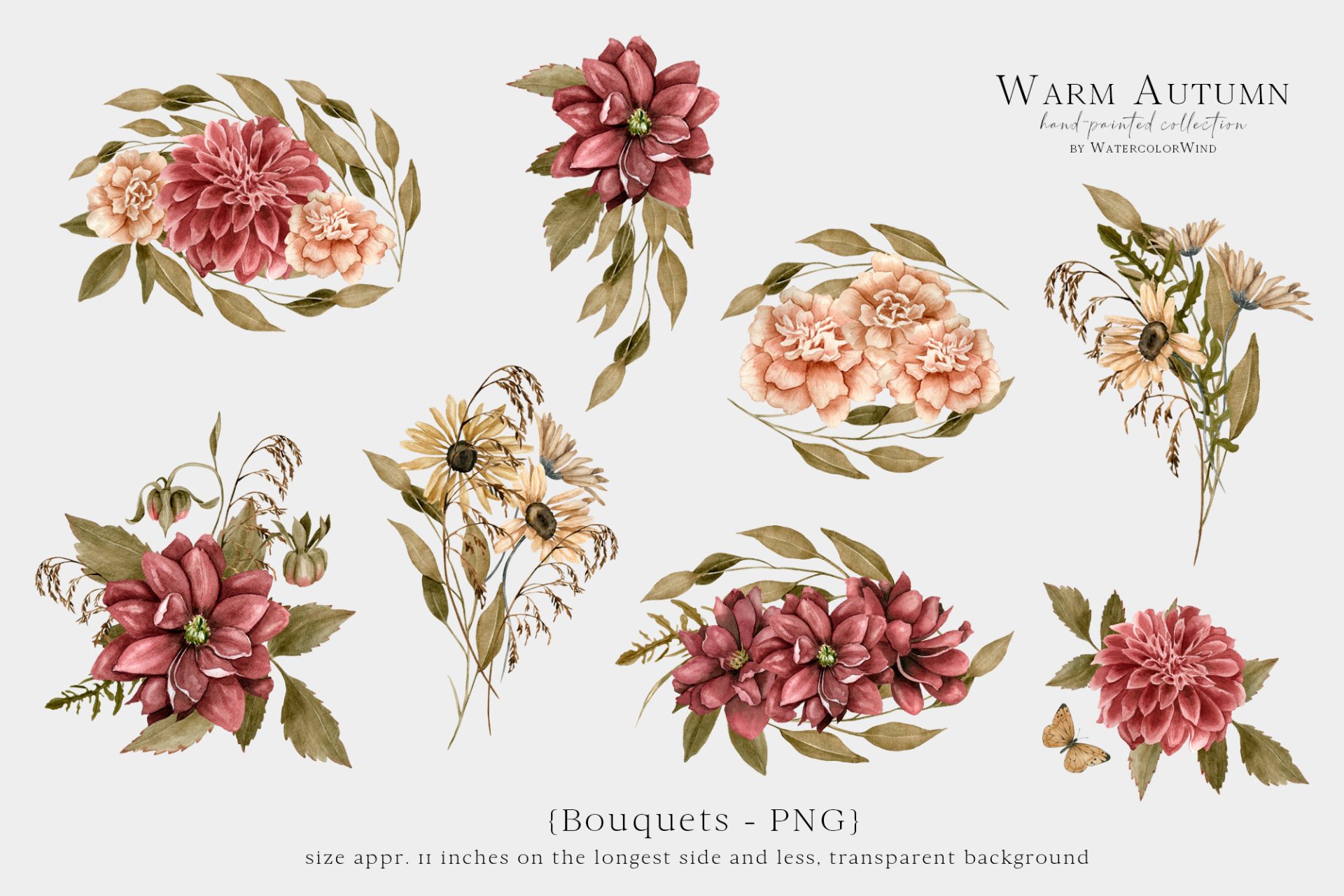 Fall Floral Watercolor Clip Art with Dahlia, Marigold Flowers 4 Fall Floral Watercolor Clip Art with Dahlia, Marigold Flowers - Image 4