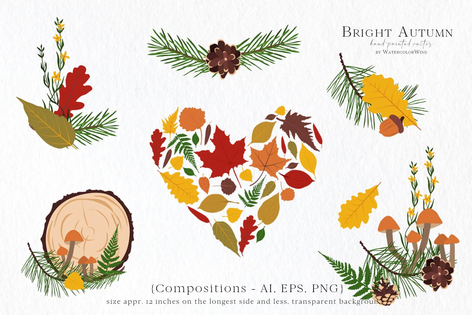 Fall vector leaves clip art set with pine branches and mushrooms 2 Fall vector leaves clip art set with pine branches and mushrooms - Image 2