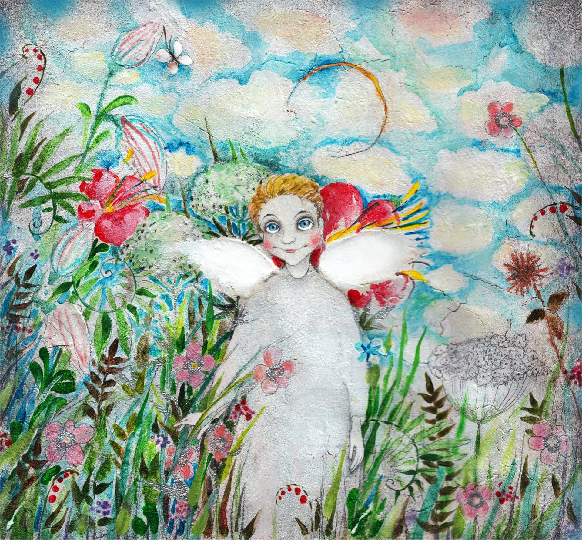 Whimsical folk art angels Flowers digital painting 1 whimsical folk art angels