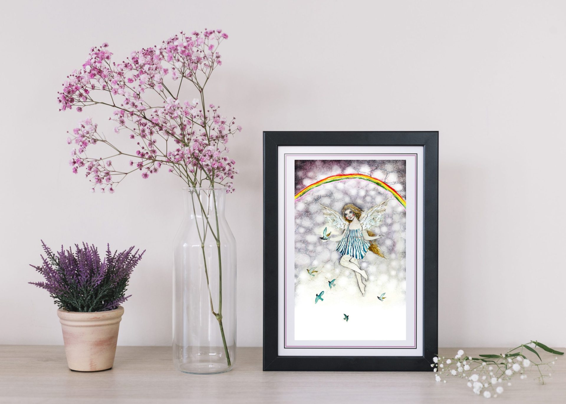 Angel art print Rainbow and birds digital painting 2 angel art print