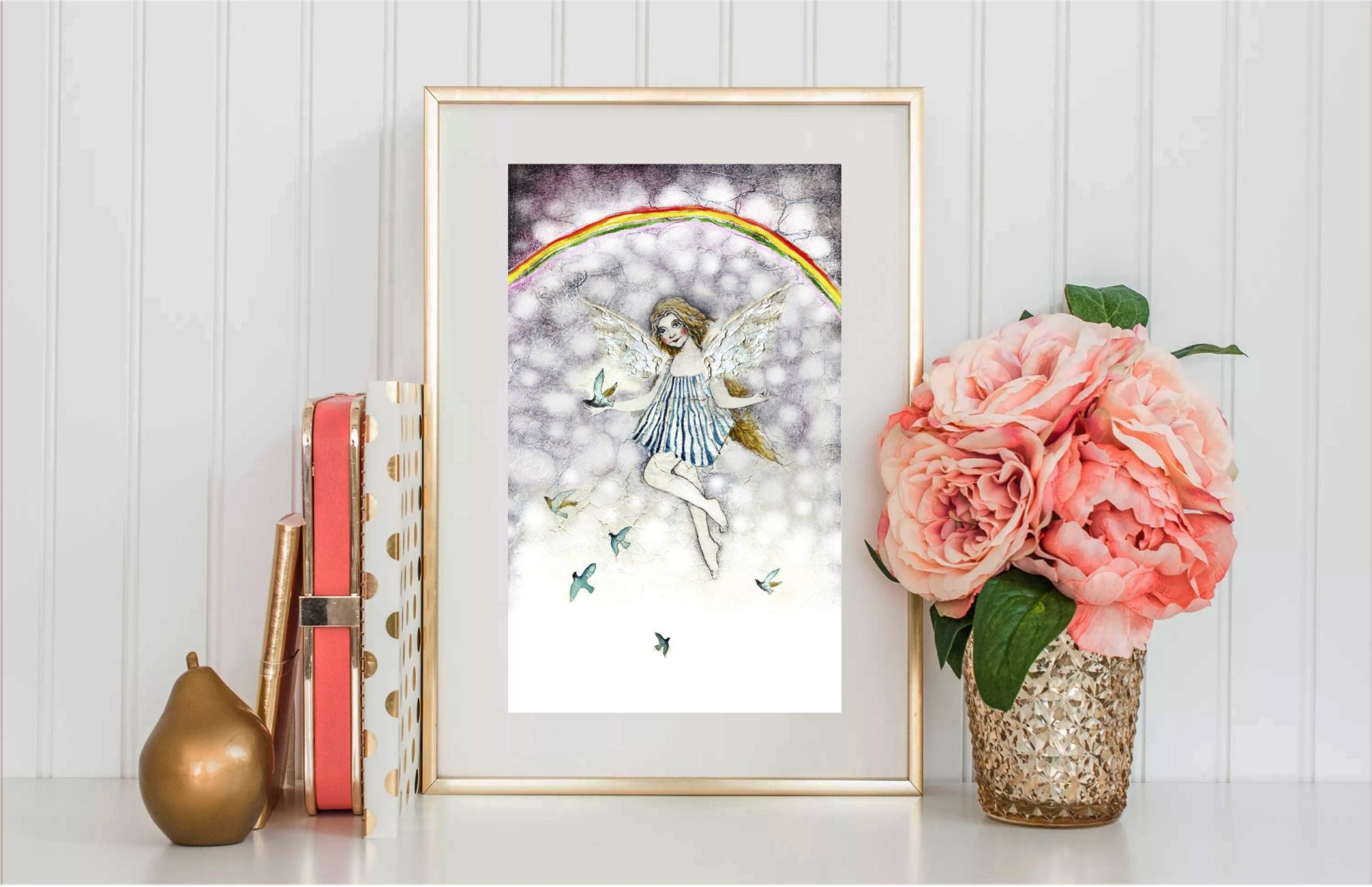 Angel art print Rainbow and birds digital painting 3 angel art print