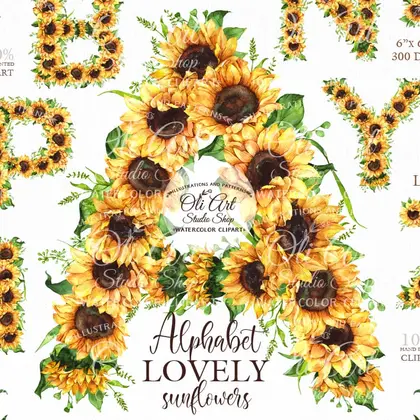 Sunflowers alphabet clipart. Digital botanical alphabet.