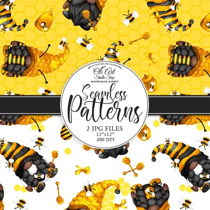 Seamless patterns. Gnomes bee. Bumble bee gnomes.