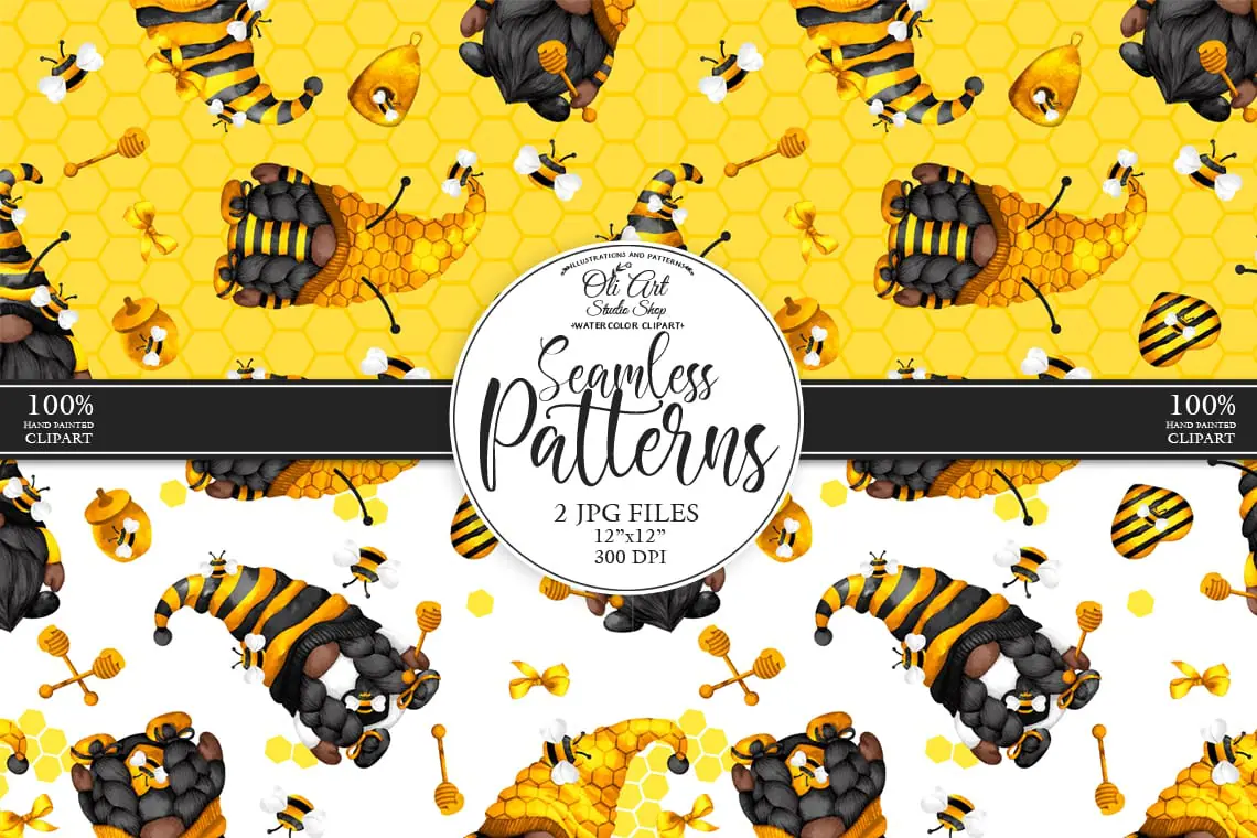 Seamless patterns. Gnomes bee. Bumble bee gnomes. 1 Seamless patterns. Gnomes bee. Bumble bee gnomes.