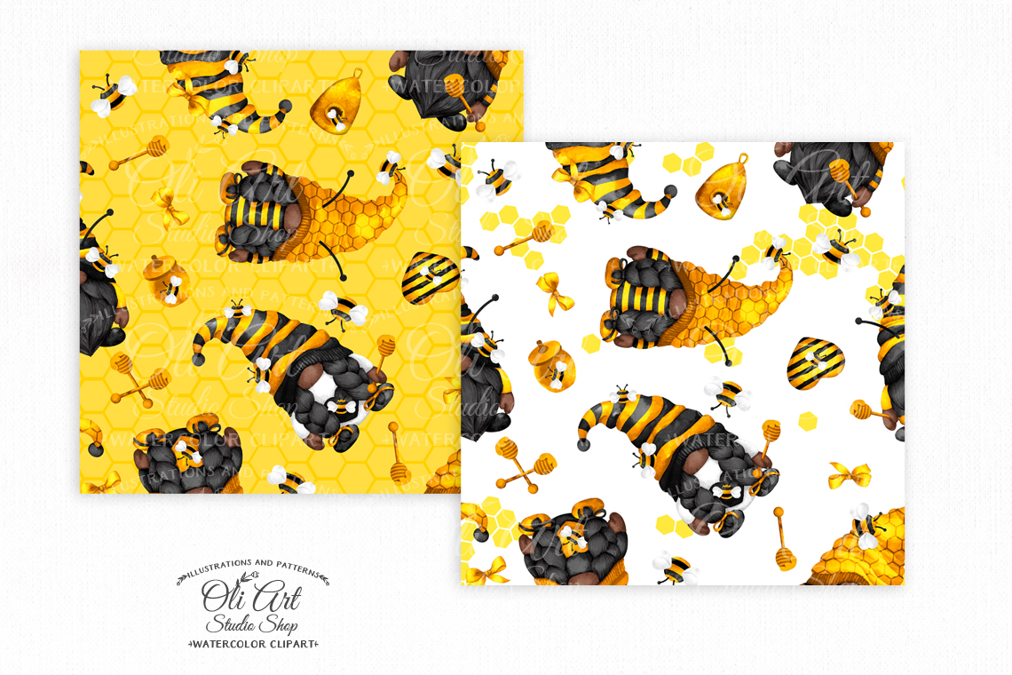Seamless patterns. Gnomes bee. Bumble bee gnomes. 2 Seamless patterns. Gnomes bee. Bumble bee gnomes. - Image 2