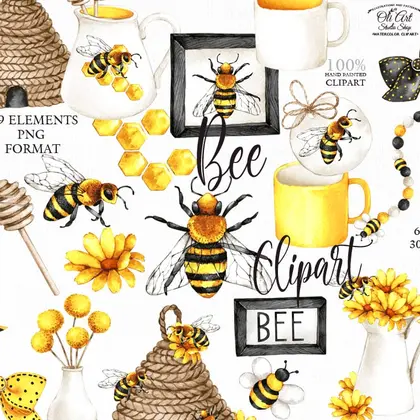 Honey bee decor clipart design, hand drawn graphics, printable art