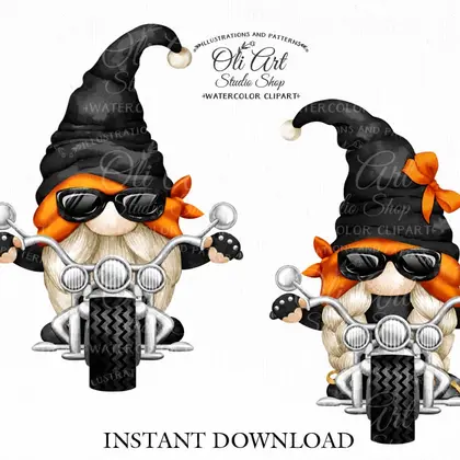 Biker gnome, biker girl, clipart png, сute characters