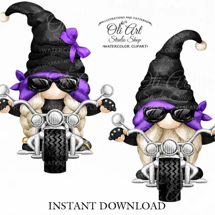 Biker gnome, biker girl, clipart png, сute characters