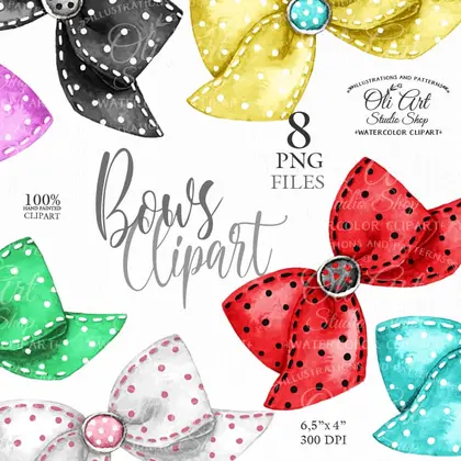 Watercolor Bows PNG, cute clipart, hand-painted clipart