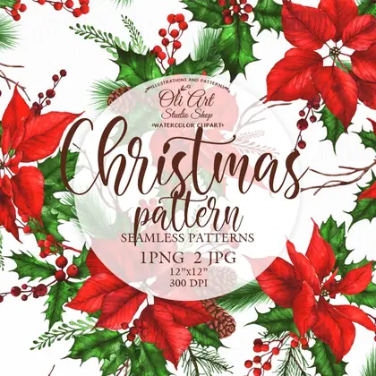 Christmas poinsettia. Seamless patterns Digital paper pack