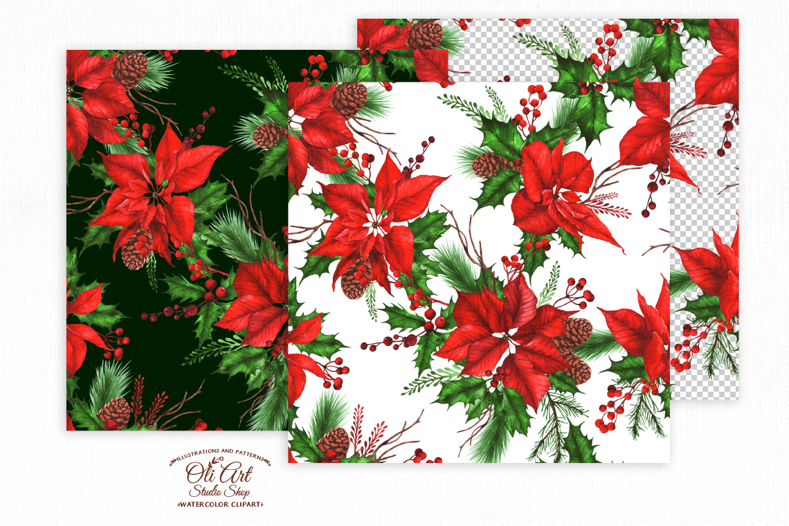 Christmas poinsettia. Seamless patterns Digital paper pack 2 Christmas poinsettia. Seamless patterns Digital paper pack - Image 2