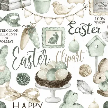 Watercolor Easter clipart , Decor, Cute bunny , easter eggs brown