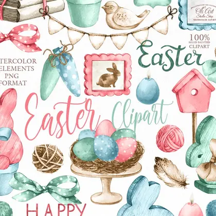 Watercolor Easter clipart, Decor, Cute bunny clipart, easter eggs