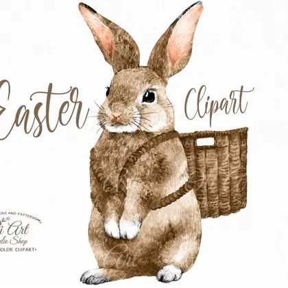 Watercolor Easter clipart, Cute wreath, bunny, clipart PNG