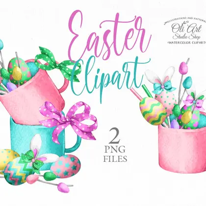 Watercolor Easter Eggs Clipart, Cute Bunny Ears, Hand-painted cup