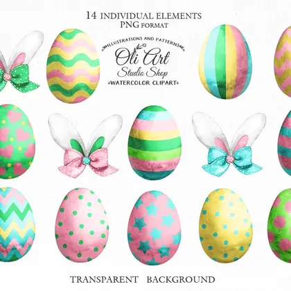 Watercolor Easter Eggs Clipart, Cute Bunny Ears, Hand-painted