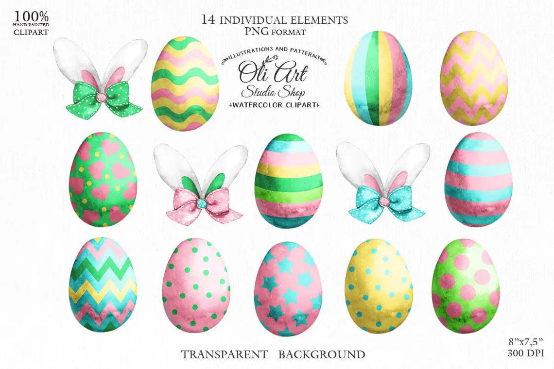 Watercolor Easter Eggs Clipart, Cute Bunny Ears, Hand-painted 1 Watercolor Easter Eggs Clipart, Cute Bunny Ears, Hand-painted