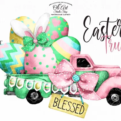 Watercolor Easter Eggs Clipart, Eggs truck png, Cute Bunny Ears