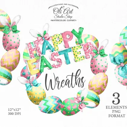 Watercolor Easter Eggs Clipart Wreath, Cute Bunny Ears