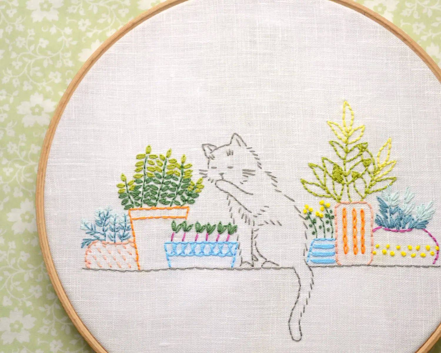 Cat hand embroidery pattern PDF. Windowsill garden. NaiveNeedle 1 Hand embroidery pattern