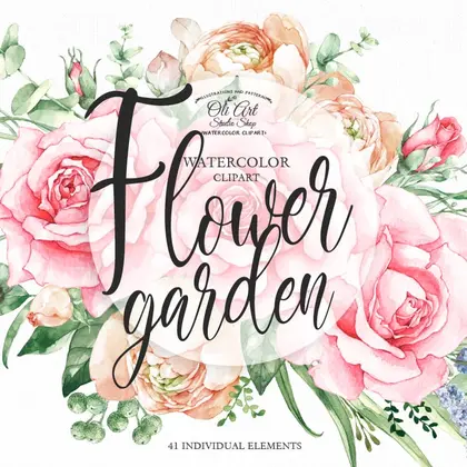 Watercolor flowers clipart. Set of pink roses.