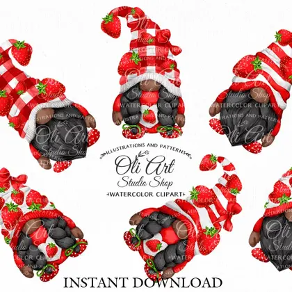 Gnomes & Strawberry clipart, Cute characters, Hand Drawn graphics