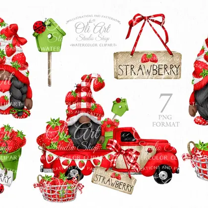 Strawberry gnomes clipart, red truck, digital download design