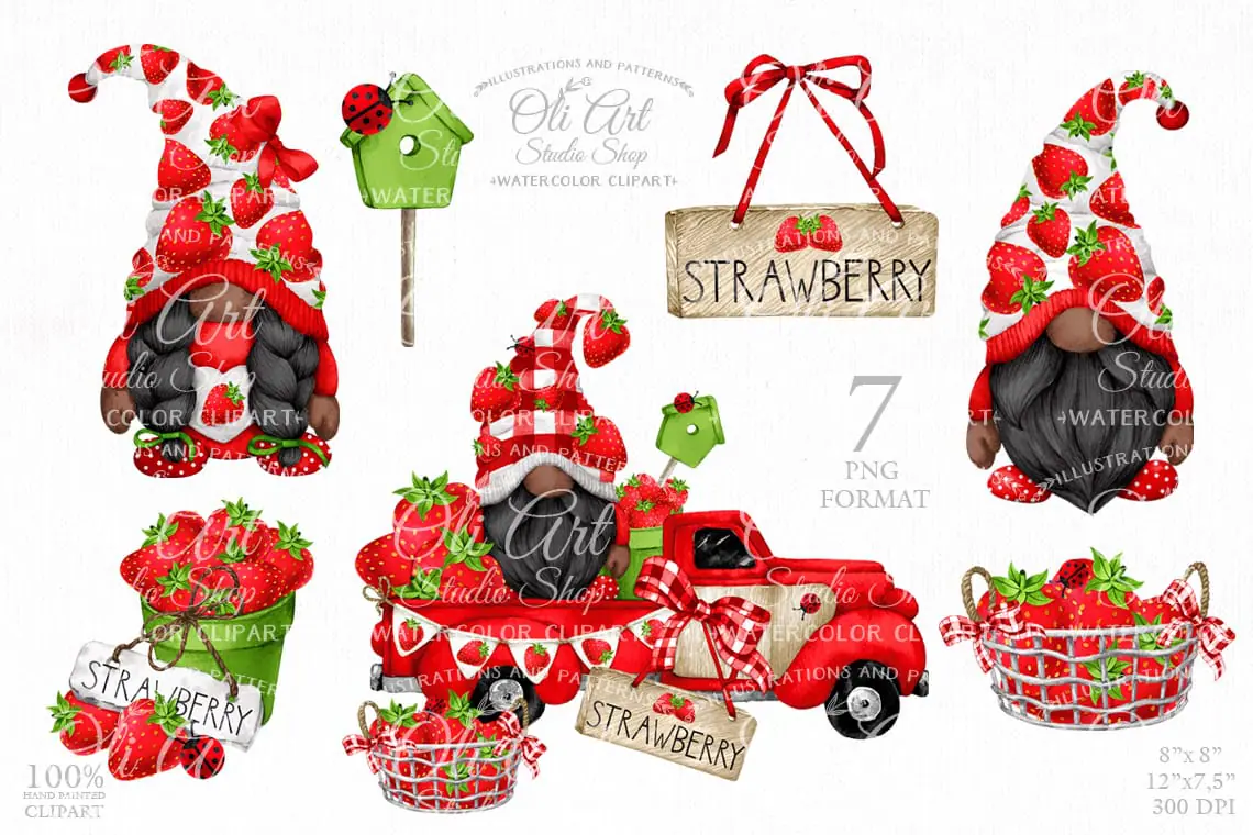 Strawberry gnomes clipart, red truck, digital download design 1 Strawberry gnomes clipart, red truck, digital download design