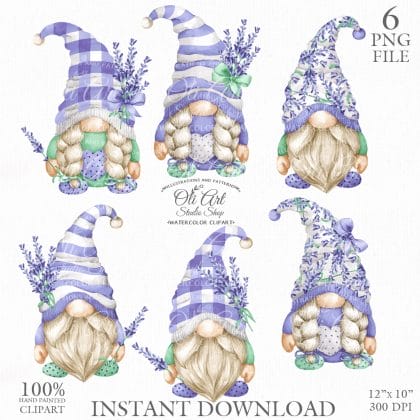 Gnomes & lavender clipart png, сute characters hand drawn graphics
