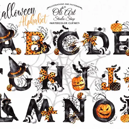 Happy HALLOWEEN clipart. Font clipart. Alphabet clipart. Pumpkins.