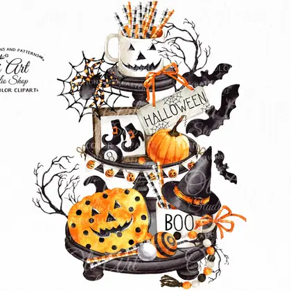 Halloween tiered tray design, png file, hand drawn, printable art.
