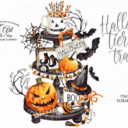 Halloween tiered tray design, png file, hand drawn, printable art.