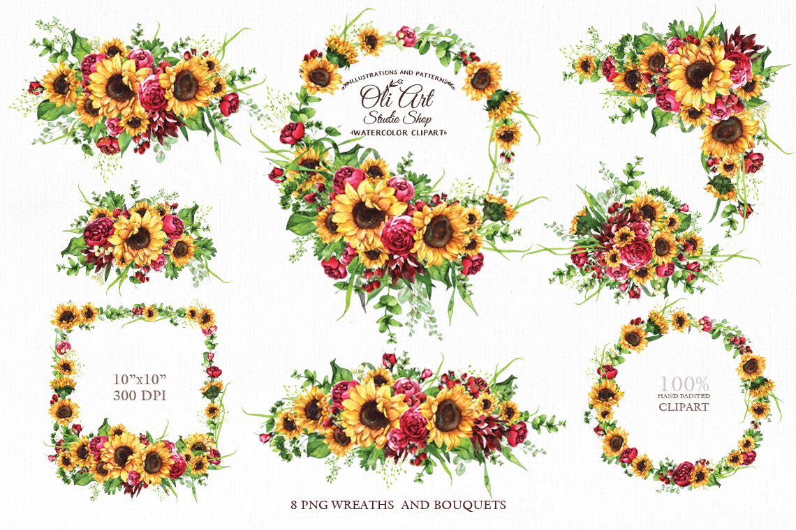 Watercolor sunflowers wit roses wreath, bouquet. Clip art png 2 Watercolor sunflowers wit roses wreath, bouquet. Clip art png - Image 2