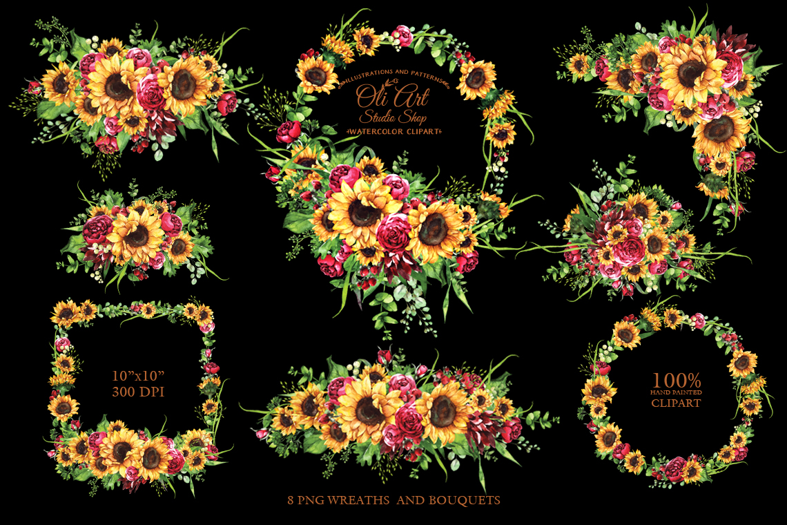 Watercolor sunflowers wit roses wreath, bouquet. Clip art png 3 Watercolor sunflowers wit roses wreath, bouquet. Clip art png - Image 3