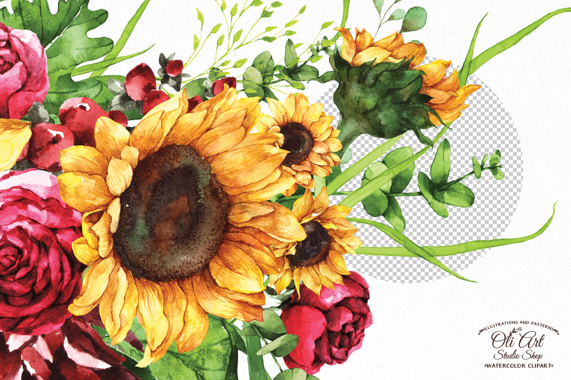 Watercolor sunflowers wit roses wreath, bouquet. Clip art png 4 Watercolor sunflowers wit roses wreath, bouquet. Clip art png - Image 4