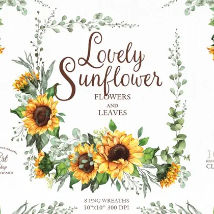 Watercolor sunflowers wreath, bouquet. Clipart png