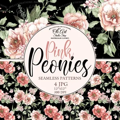 Watercolor Seamless pattern black backround peonies flowers