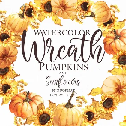 Wreath Watercolor of pumpkins and sunflowers clipart
