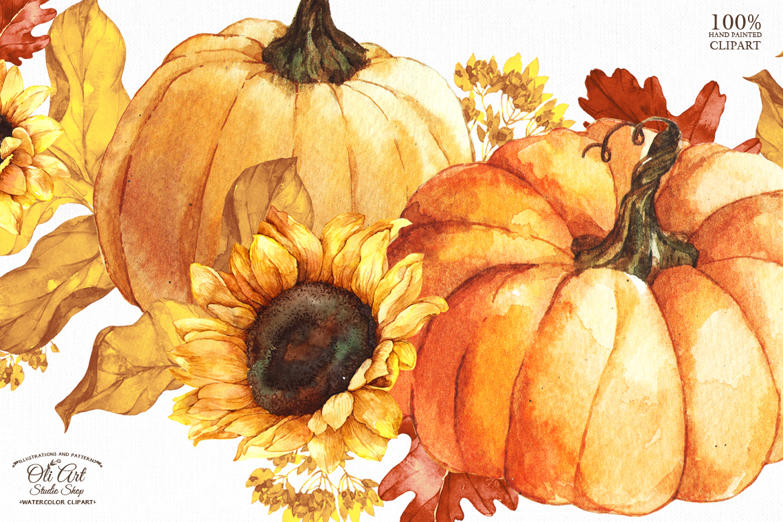 Wreath Watercolor of pumpkins and sunflowers clipart 2 Wreath Watercolor of pumpkins and sunflowers clipart - Image 2