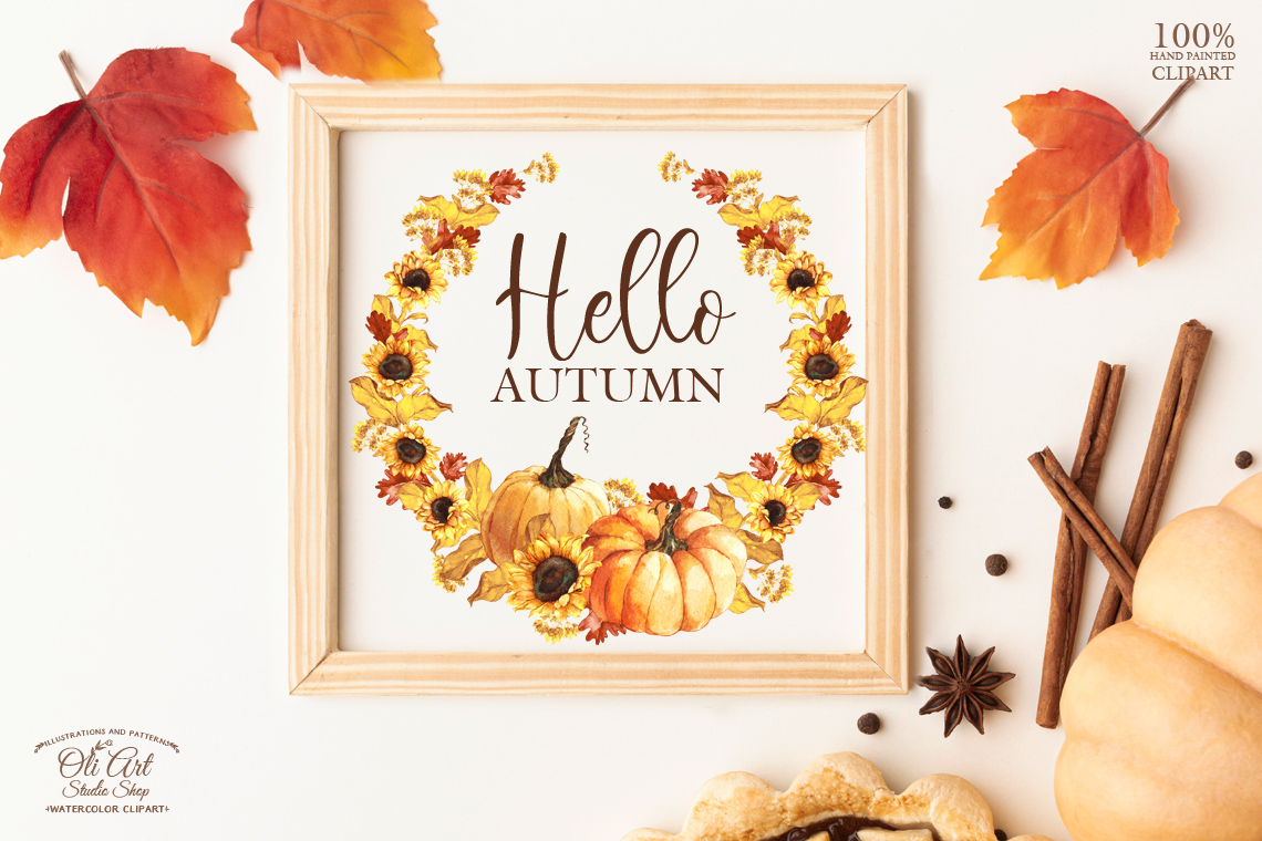 Wreath Watercolor of pumpkins and sunflowers clipart 3 Wreath Watercolor of pumpkins and sunflowers clipart - Image 3