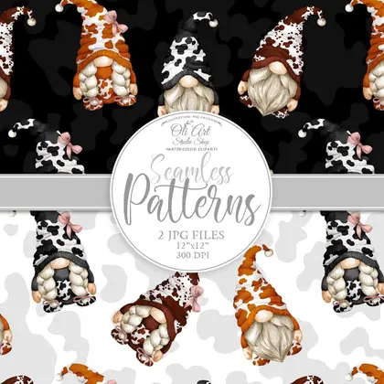Cow print Gnomes. Cute characters. Digital paper seamless patterns