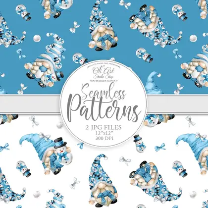 Seamless patterns. Сhristmas gnomes, snowmen. Happy holidays