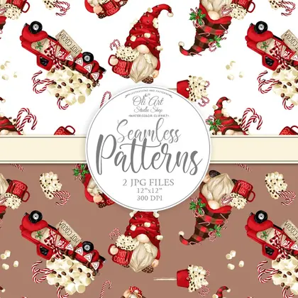 Seamless patterns. Сhristmas gnomes & hot cocoa. Christmas truck
