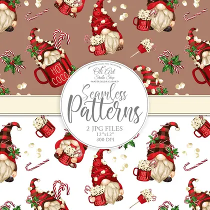 Seamless patterns. Christmas gnomes & hot cocoa. Happy holidays