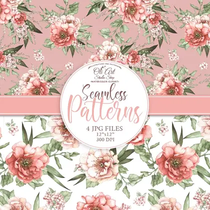 Watercolor Seamless pattern peonies flowers