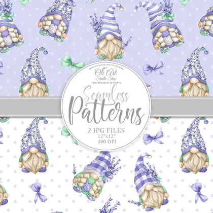 Gnomes & lavender Digital paper, cute characters seamless patterns