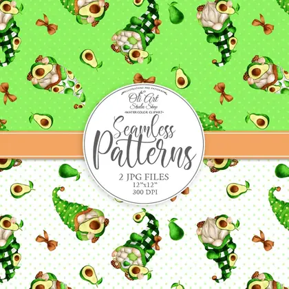 Gnomes & avocado. Cute characters. Digital paper seamless patterns.