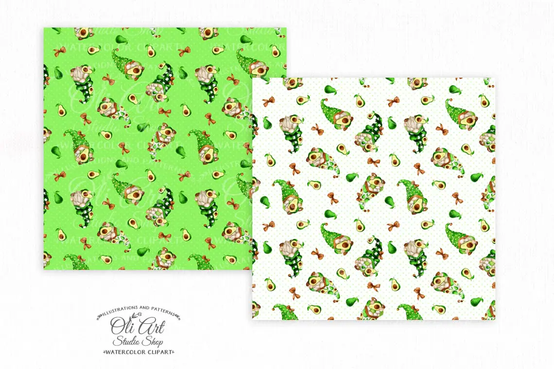 Gnomes & avocado. Cute characters. Digital paper seamless patterns. 2 Gnomes & avocado. Cute characters. Digital paper seamless patterns. - Image 2