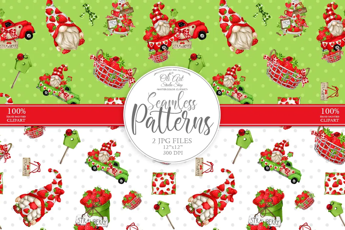 Gnomes & strawberry. Truck. Digital paper seamless patterns 1 Gnomes & strawberry. Truck. Digital paper seamless patterns
